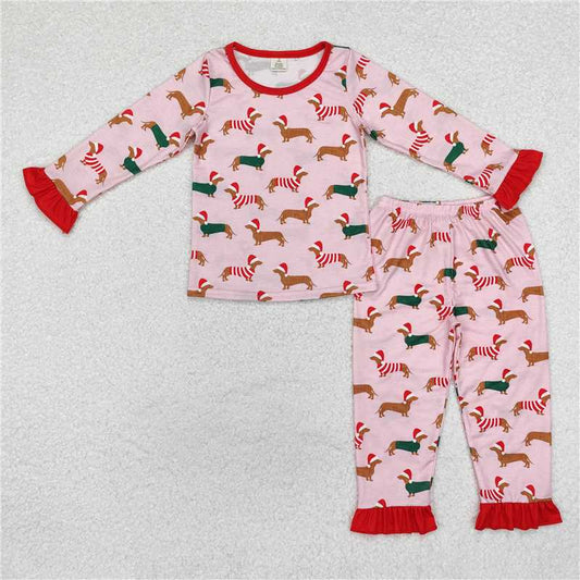 GLP1244 Baby Girls Christmas Dachshund Top Pants Bamboo Pajamas Outfits Set