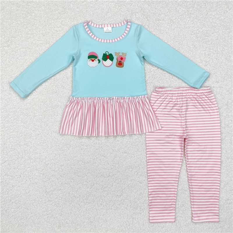 GLP1770 Baby Girls Embroidery Christmas Santa Deer Bow Tunic Stripes Legging Clothes Set