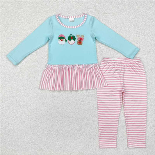 GLP1770 Baby Girls Embroidery Christmas Santa Deer Bow Tunic Stripes Legging Clothes Set