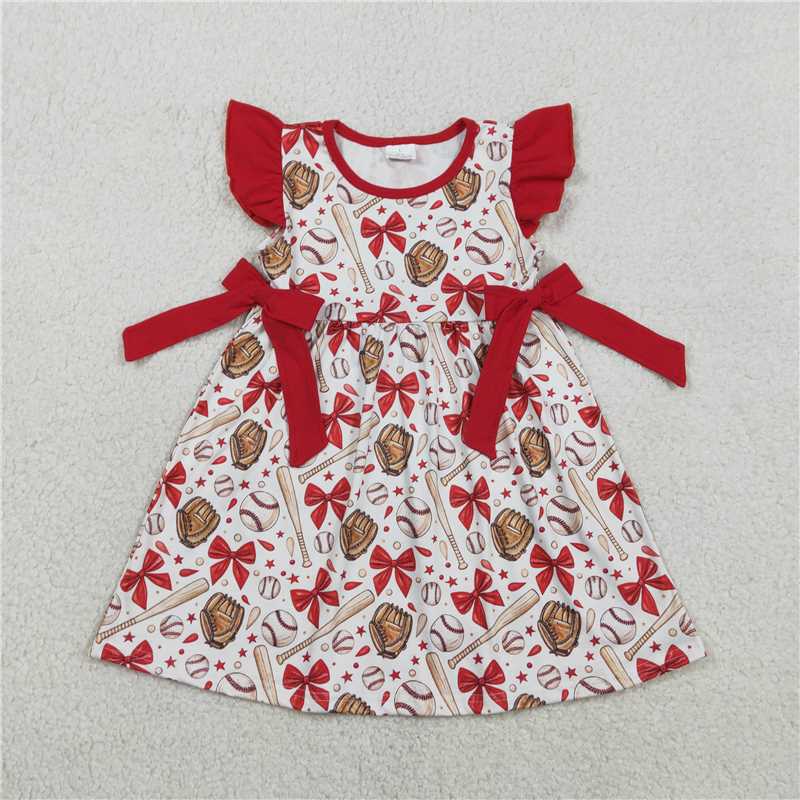 RTS NO MOQ（In Stock) GSD3455 Red bow-patterned baseball glove, white flutter-sleeved dress