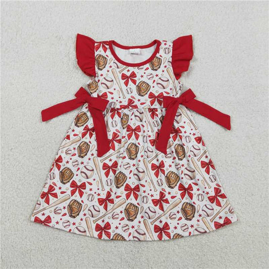 RTS NO MOQ（In Stock) GSD3455 Red bow-patterned baseball glove, white flutter-sleeved dress