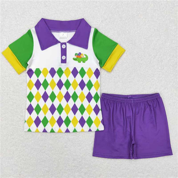 BSSO0311 Carnival crocodile purple yellow green diamond short sleeved shorts