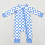 LR0811 Blue and white checkered zipper long-sleeved jumpsuit