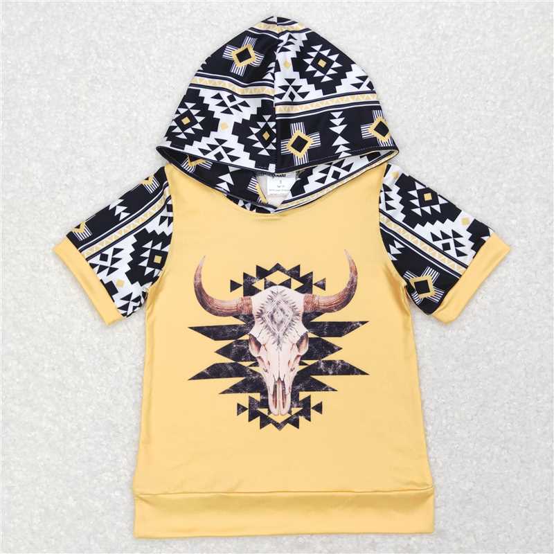 BT0458 Alpine bull head geometric yellow hooded short-sleeved top