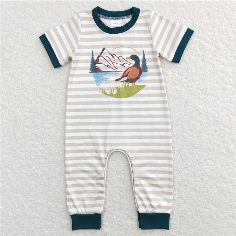 SR0553 Duck Mountain Water striped short sleeve dark green border short sleeve onesie