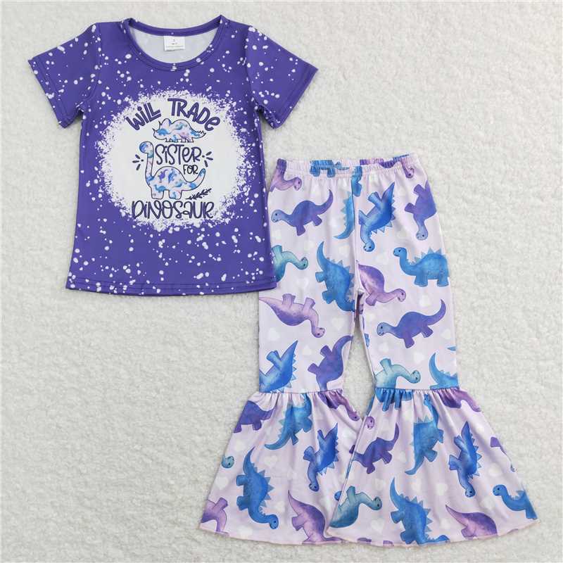 GSPO0915 Letter Dinosaur Heart Purple short sleeve pantsuit