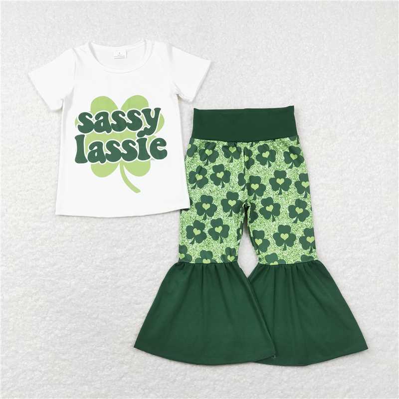 GSPO1029sassy lassie letters White short-sleeved Heart Four-leaf Clover green pantsuit