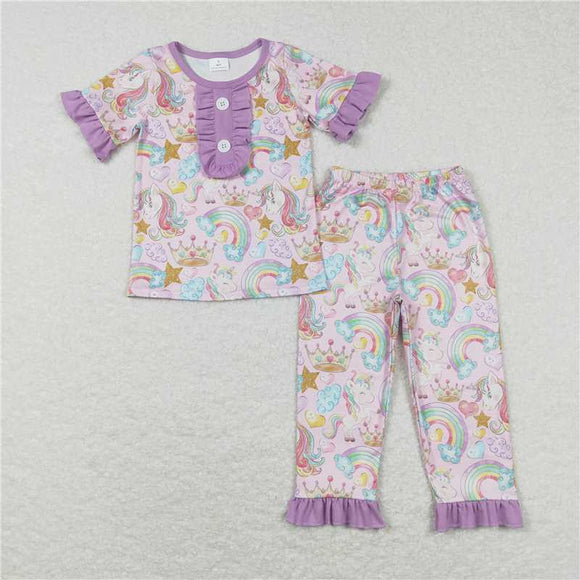 GSPO0949 Rainbow Unicorn Love short sleeve pantsuit with purple lace