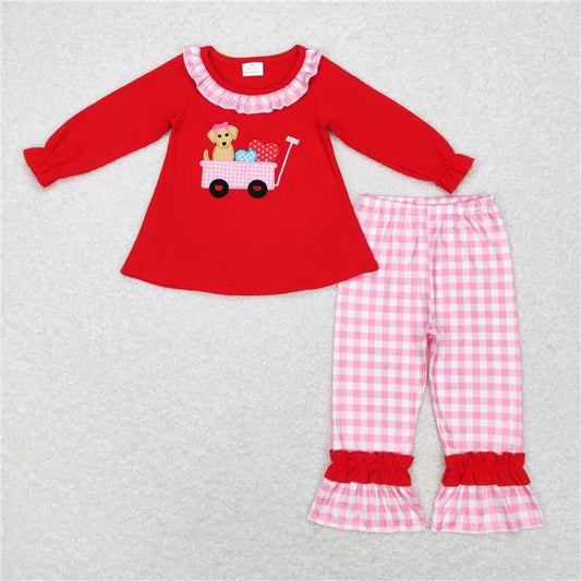 GLP0900 Kids Baby Girls Valentines Dog Hearts Tractor Shirt Ruffle Pants Clothes Sets