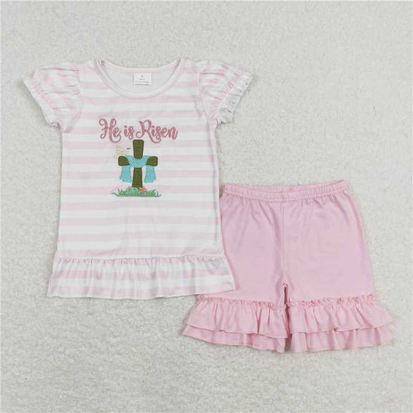 GSSO0382 he is risen to embroidered cross pink and white striped short-sleeved shorts suit