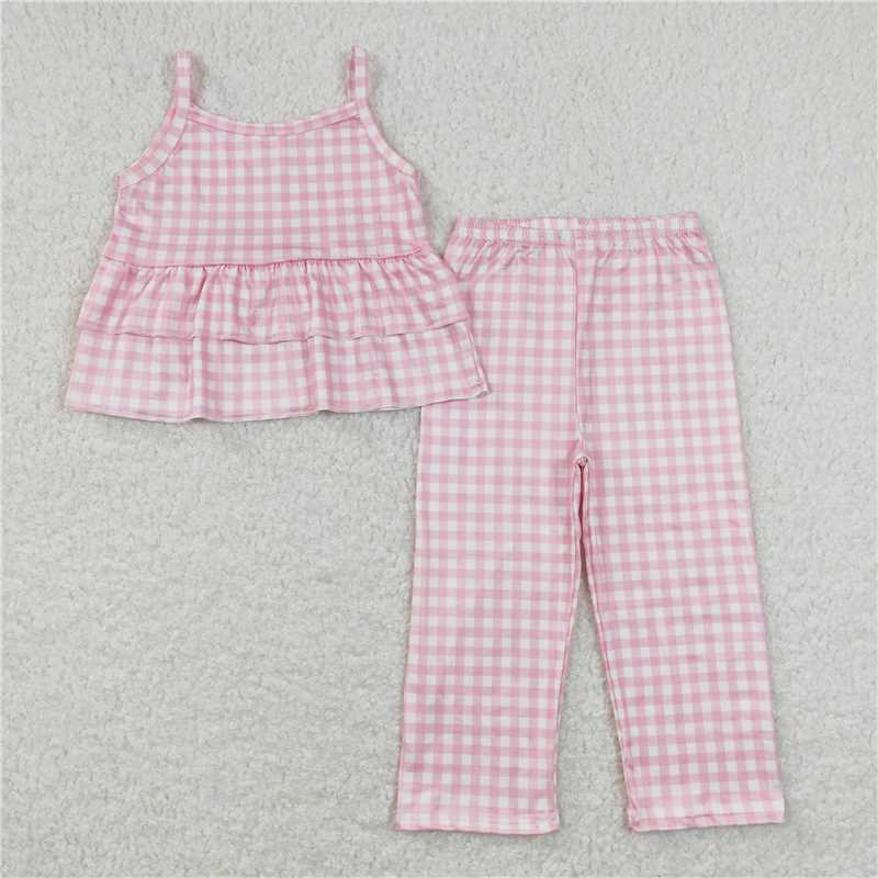 GSPO1380 Pink and white checkered lace suspenders pantsuit