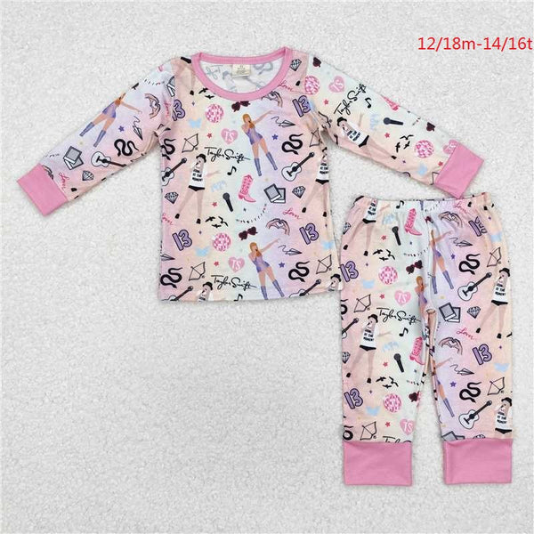 GLP1844 Baby Girls Pink Singer Long Sleeve Bamboo Pajamas Clothes Set