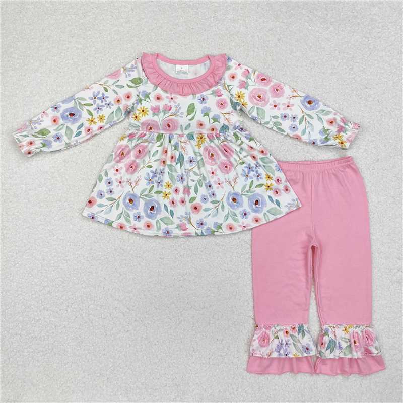 GLP1699 Baby Girls Pink Lavender Flowers Tunic Pants Clothes Set