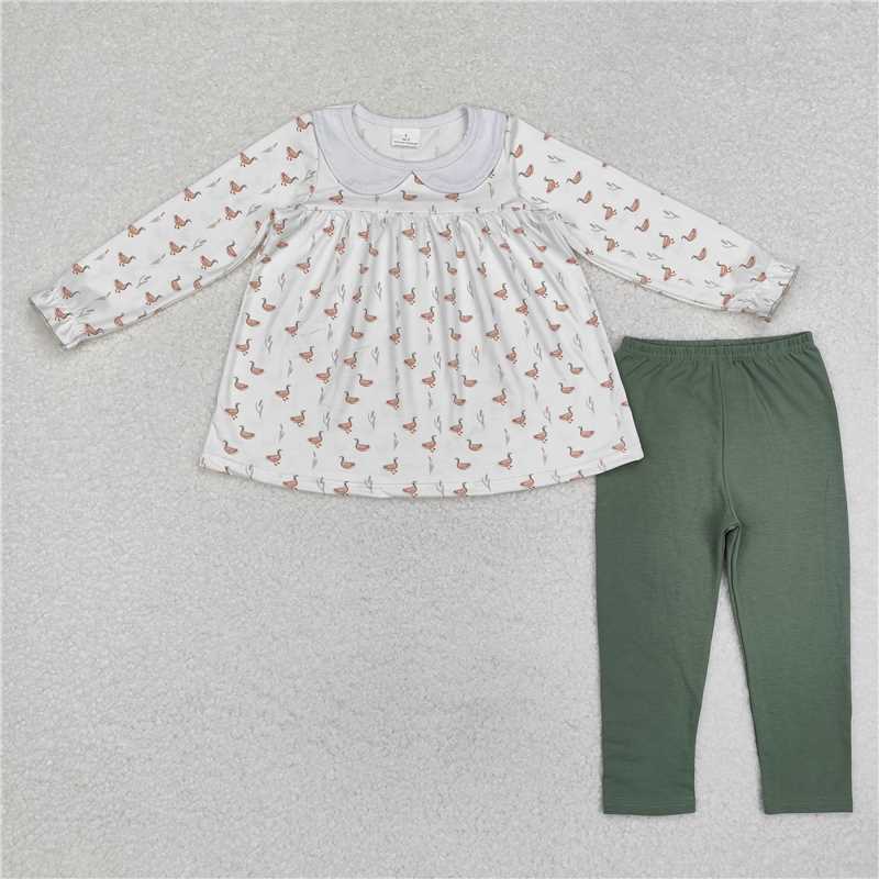 GLP1598 Baby Girls Fall Ducks Tunic Top Green Legging Clothes Set