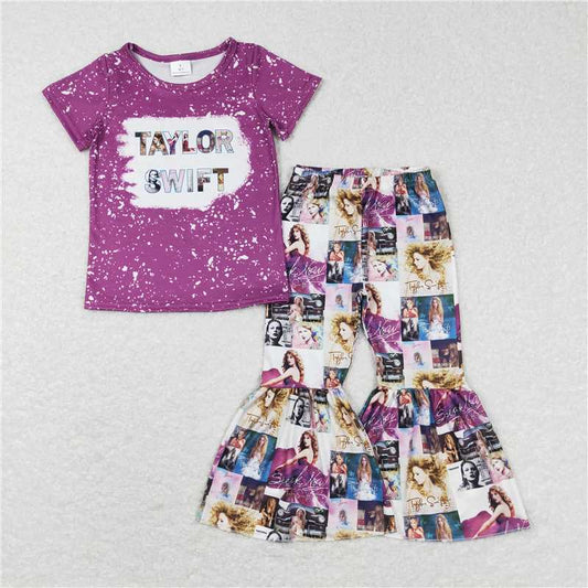 GSPO1140 aylor swift letter purple short sleeve pant suit