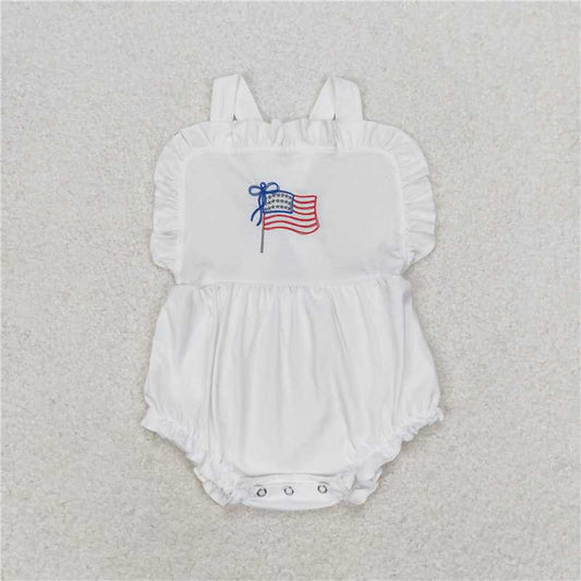 SR1548 Newborn Baby Infant Girls Ruffle White Flag 4th of July Rompers