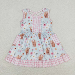 GSD1173 Alpine bull Head flower pink-white plaid pocket light blue sleeveless dress