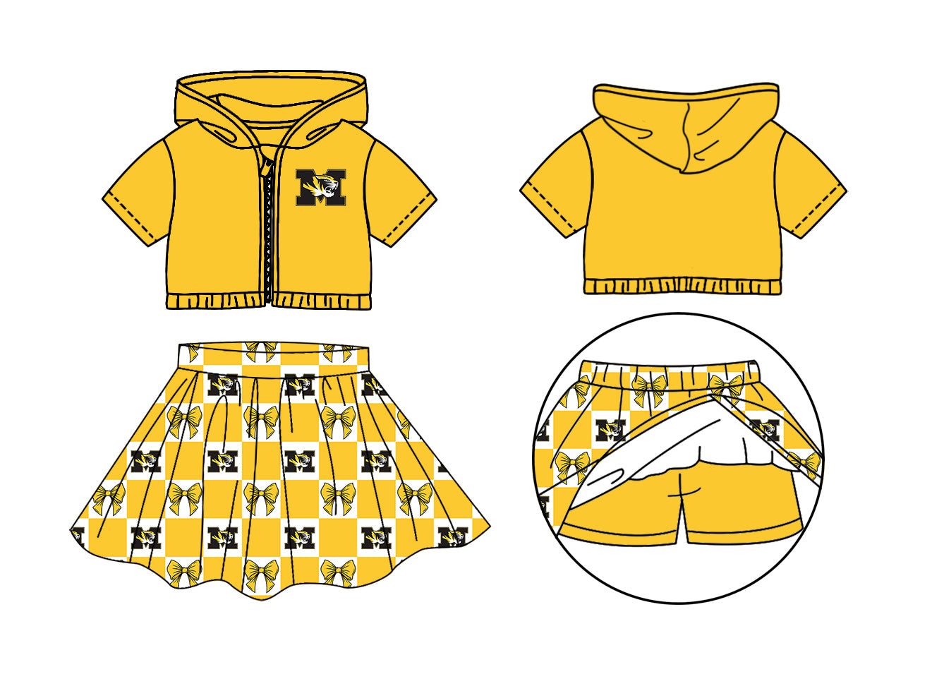 Custom Milk Silk Order MOQ:3 or 5 pcs Each Design Team State Girl Summer Bow Yellow Sleeveless Skirts Sets 3 and dress and shorts-26.1.19
