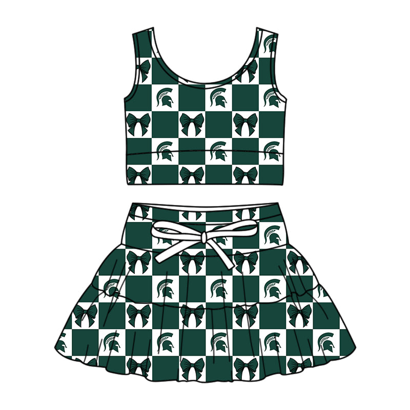 Custom Milk Silk Order MOQ:3 or 5 pcs Each Design Team State Girl Summer Bow Dark Green Sleeveless Skirts Sets 3 and dress and shorts-26.1.21