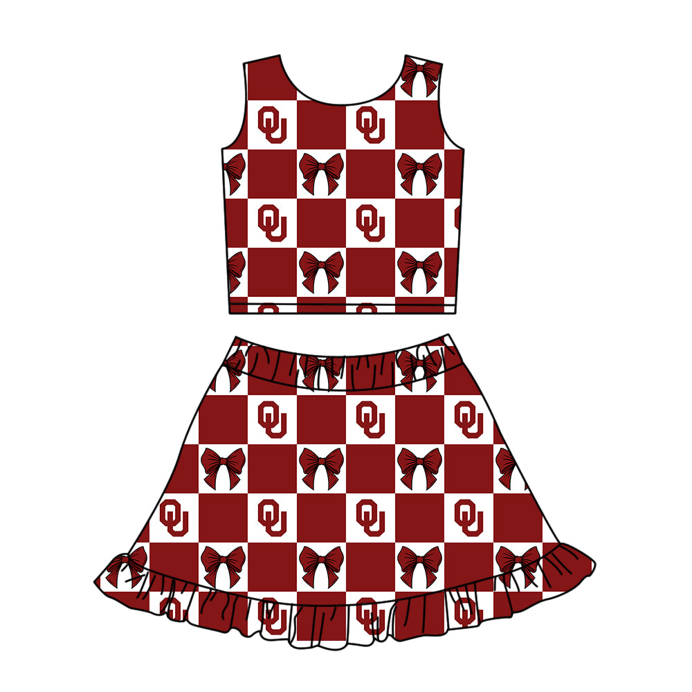 Custom MOQ 3 or 5 pcs Team Design Girl Summer Red OU Bows Plaid Vest Ruffle Skirt Short Team Clothes Sets