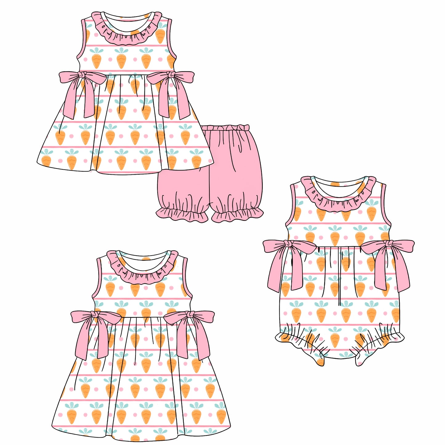 26.1.15 Custom MOQ:3 or 5 pcs each design milk silk Sibling baby girl clothes carrot short sleeve shorts sets and dress and romper