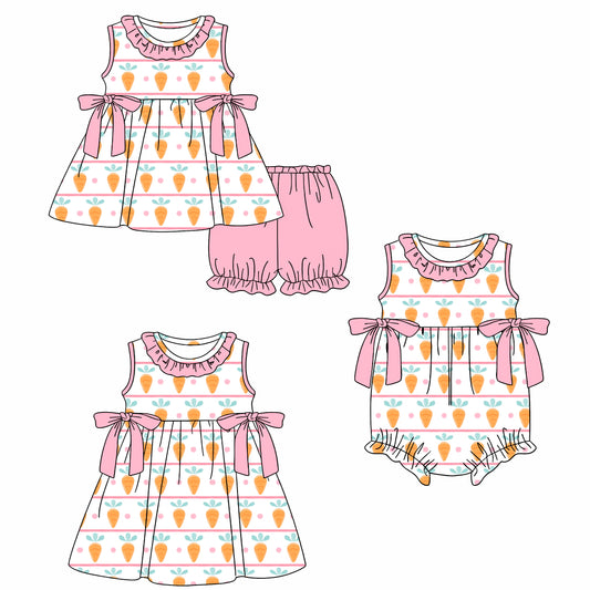 26.1.15 Custom MOQ:3 or 5 pcs each design milk silk Sibling baby girl clothes carrot short sleeve shorts sets and dress and romper
