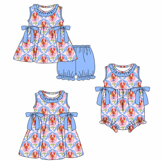 26.1.14 Custom MOQ:3 or 5 pcs each design milk silk Sibling baby girl clothes lobster bow short sleeve shorts sets and dress and romper