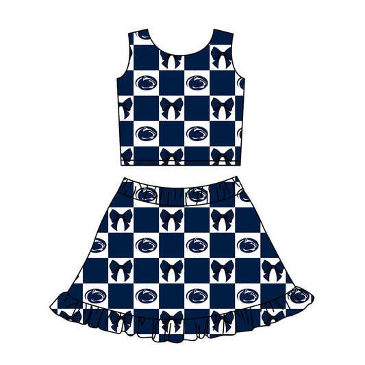 Custom Milk Silk Order MOQ:3 or 5 pcs Each Design Team State Girl Summer Bow Dark Blue Sleeveless Skirts Sets-26.1.23
