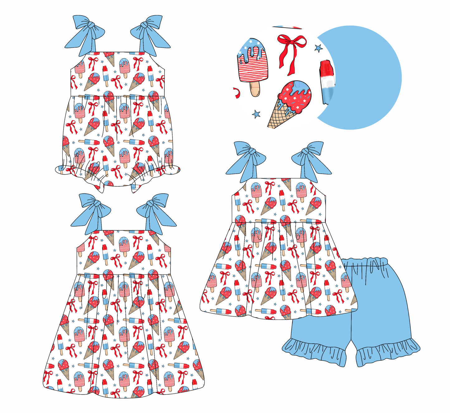 26.1.9 Custom MOQ:3 or 5 pcs each design milk silk Sibling baby girl clothes bow short sleeve shorts sets and dress and romper