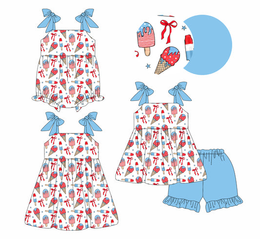 26.1.9 Custom MOQ:3 or 5 pcs each design milk silk Sibling baby girl clothes bow short sleeve shorts sets and dress and romper