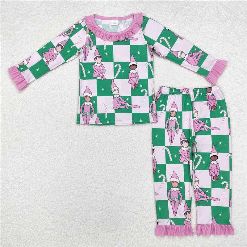 GLP1843 Baby Girls Pink Christmas Shelf Top Pants Pajamas Bamboo Clothes Set