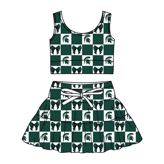 Custom Milk Silk Order MOQ:3 or 5 pcs Each Design Team State Girl Summer Bow Dark Green Sleeveless Skirts Sets-26.1.21