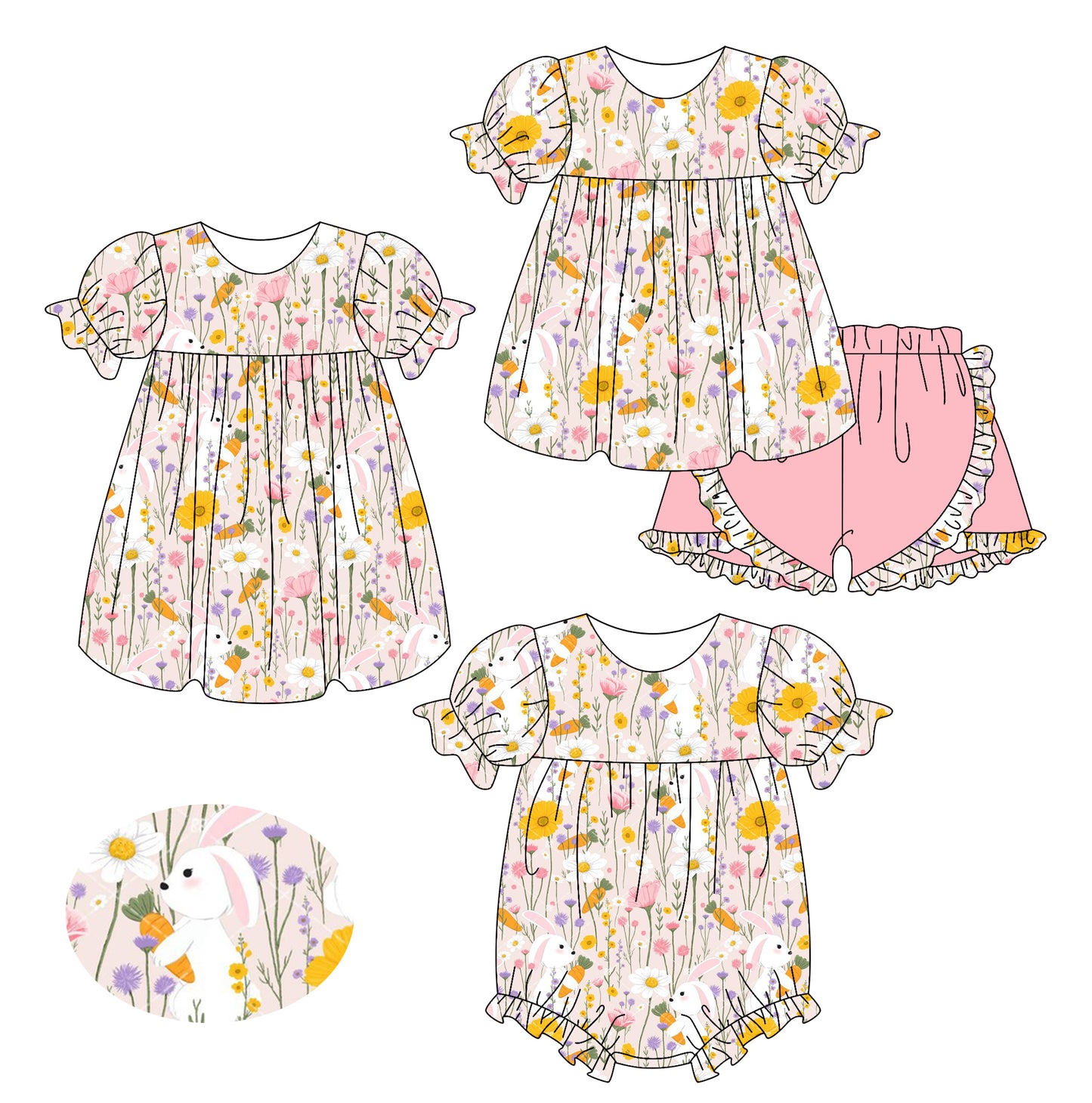 26.1.5 Custom MOQ:3 or 5 pcs each design milk silk Sibling baby girl clothes easter floral short sleeve shorts sets and dress and romper