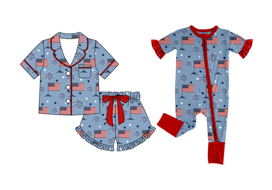 26.1.1 Custom MOQ:3 or 5 pcs each design milk silk Sibling baby girl clothes flag short sleeve shorts sets and romper