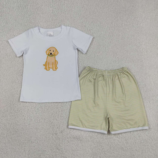 BSSO2002 Kids Embroidery Dogs Baby Boys Shirt Top Stripe Shorts Hunting Clothes Sets
