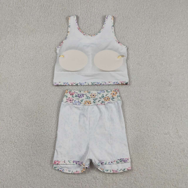 GSD3838 Kids Baby Girls Colorful Flowers Vests Top Skirt Short Yoga Active Clothes Set