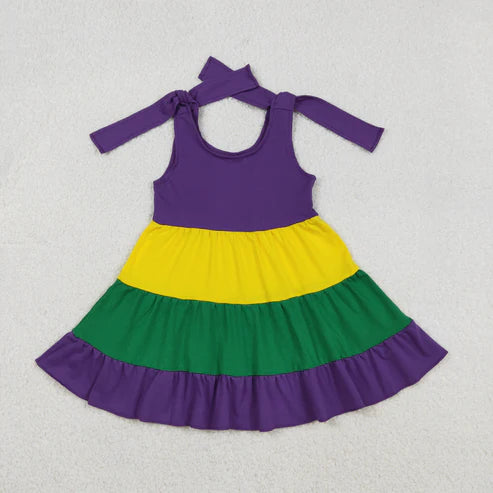 12.19 GSD2888 Baby Girls Bows Strap Mardigras Patchwork Ruffle Knee Length Dress