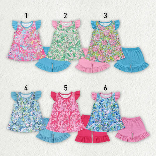 4.7 Sibling Baby Girls Sea Flowers Tunic Ruffle Shorts Outfits