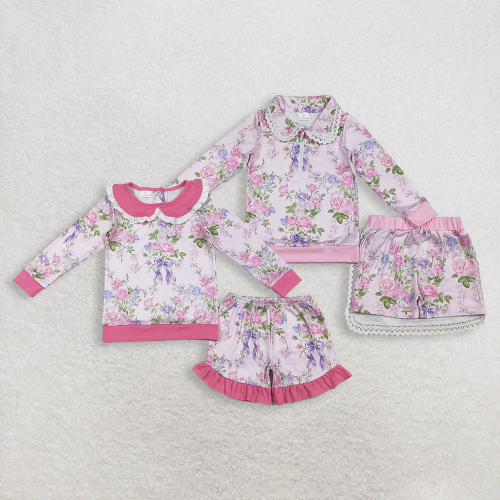 Sibling Baby girls clothes summer floral long sleeve shorts Clothes Sets and skirts set