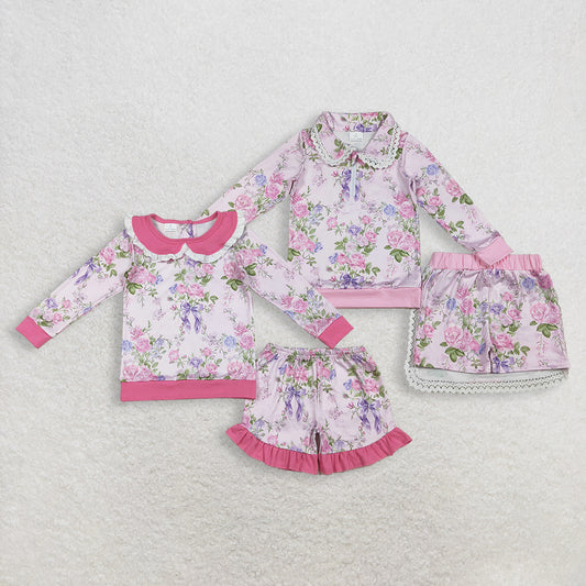 Sibling Baby girls clothes summer floral long sleeve shorts Clothes Sets and skirts set