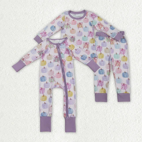8.16 Sibling Baby Kids Colorful Bows Pumpkins Fall Pajams Sets Zipper Footie Rompers