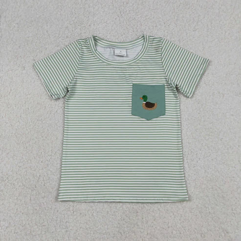 12.27 RTS NO MOQ(In Stock) Embroidered Duck Pocket Green Striped Short-Sleeve Top