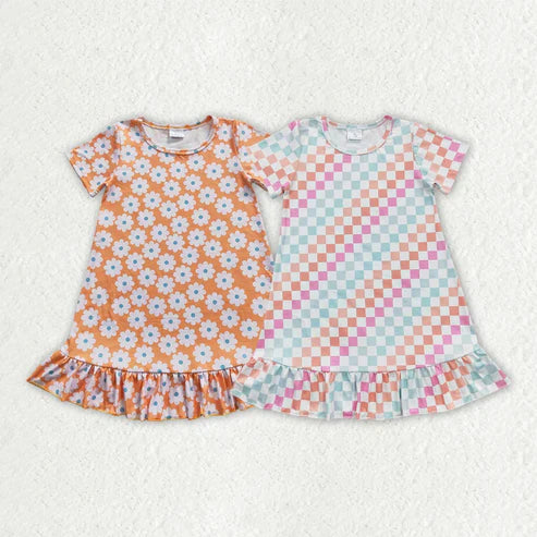 4.14 Sibling Baby Girls Flowers Checkered Short Sleeve Knee Length Dresses