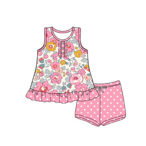 3.29 GSSO2452 Baby Girls Pink Sleeveless Button Floral Tunic Polka Dots Short Set Preorder