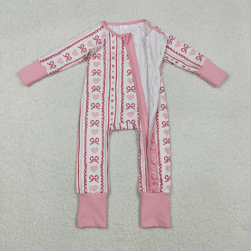 11.17 LR2781 Baby Girls Pink Bows Hearst Stripe Valentines Two Way Ruffle Zip Convertible Romper