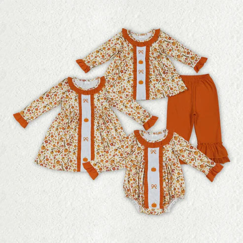 6.26 Sibling Embroidery Baby Girls Fall Bows Pumpkins Tunic Pants Set Knee Length Dress Rompers