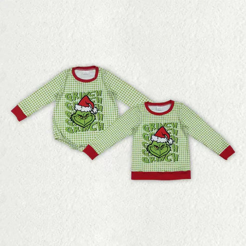 11.1 Sibling Baby Boys Green Faces Christmas Checked Tee Shirts Top Rompers