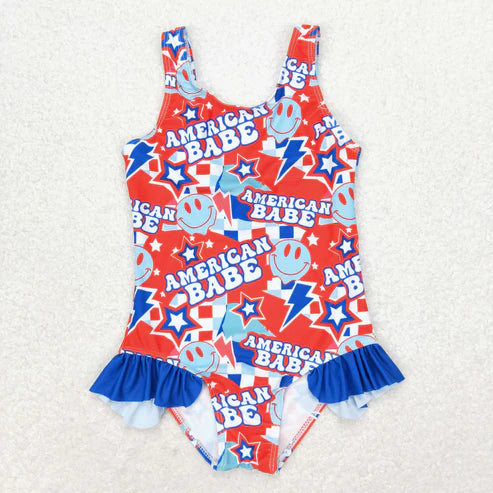 S0214 4th of July Stars check blue lace one-piece swimsuit