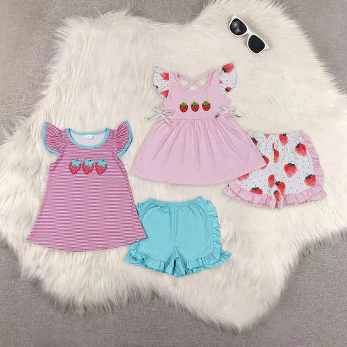 5.15 Sibling Baby Girls Flutter Sleeve Embroidery Strawberry Tunic Top Ruffle Shorts Clothes Set