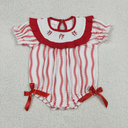 12.27 RTS NO MOQ(In Stock) Embroidered Baseball Red Bow Design Short-Sleeve Jumpsuit